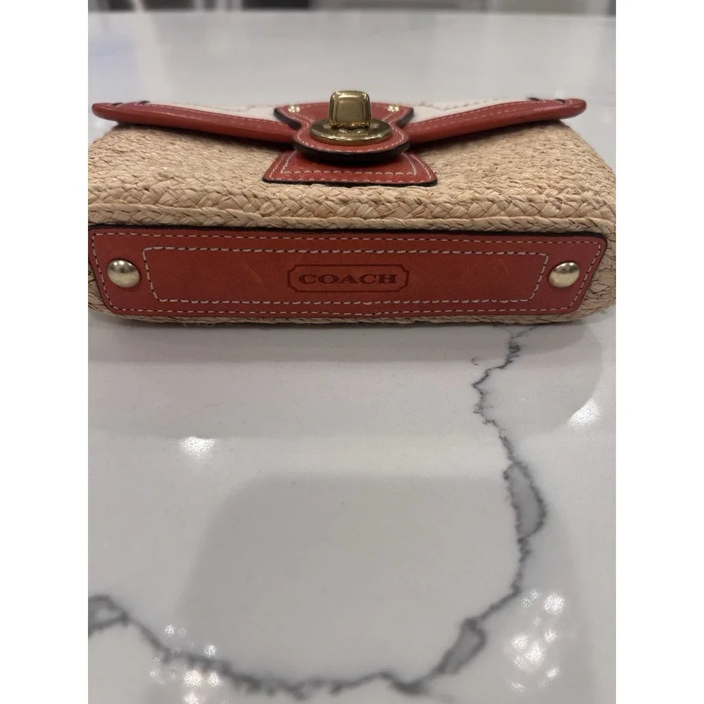 Coach Wristlet Clutch Turn Lock Lined Pockets Beige Brown Gold Reddish Orange